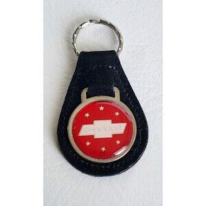 Vintage Red CHEVROLET Bow Tie w/Stars Black Leather Key ring Chevy 3"